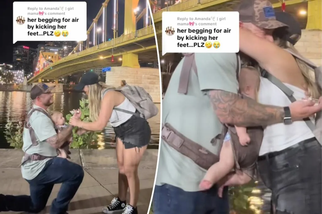 Mom’s boobs almost suffocate baby during marriage proposal